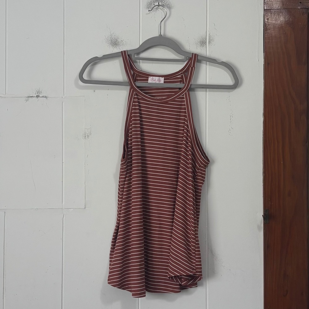 Pink Lily Womens Large Rust Brown Striped Ribbed High Neck Tank Top